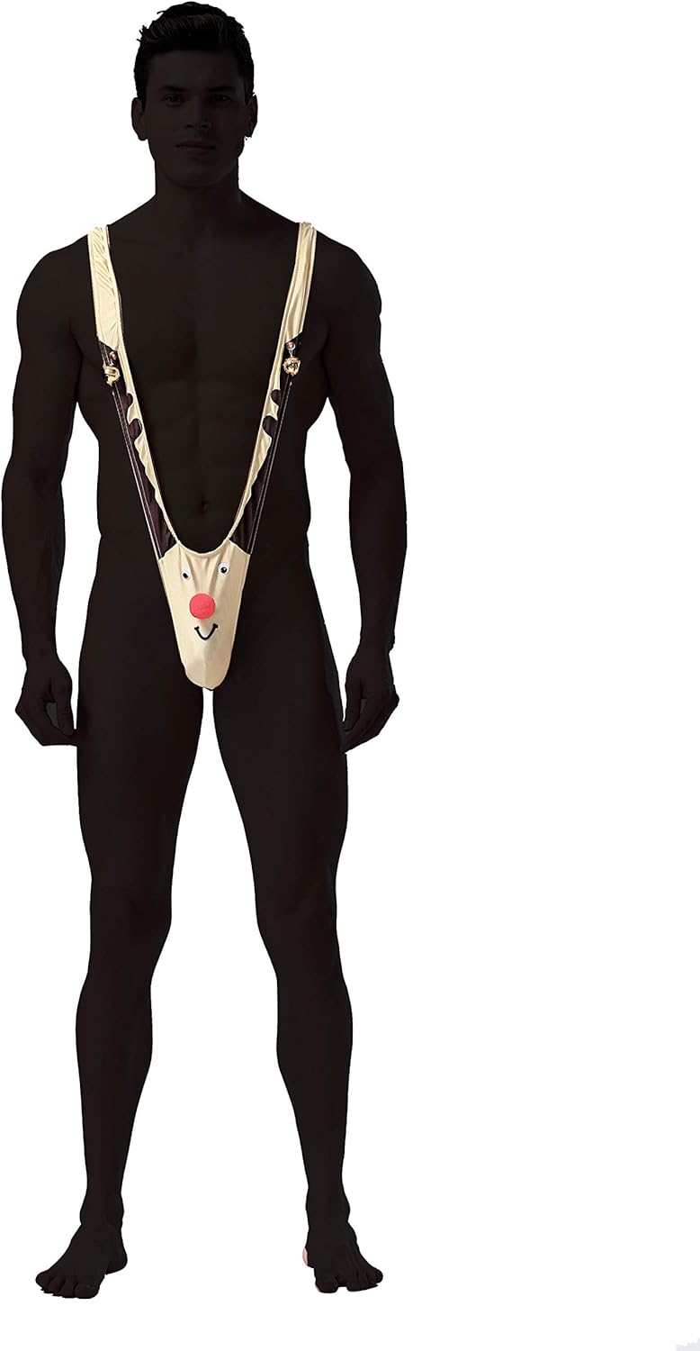 Christmas Gag Gift Reindeer Mankini Men Thong Underwear with Bells for White Elephant Exchange Gifts Valentine's